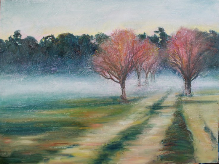 Oil, oil pastel, tissue paper on canvas. 30" x 40"